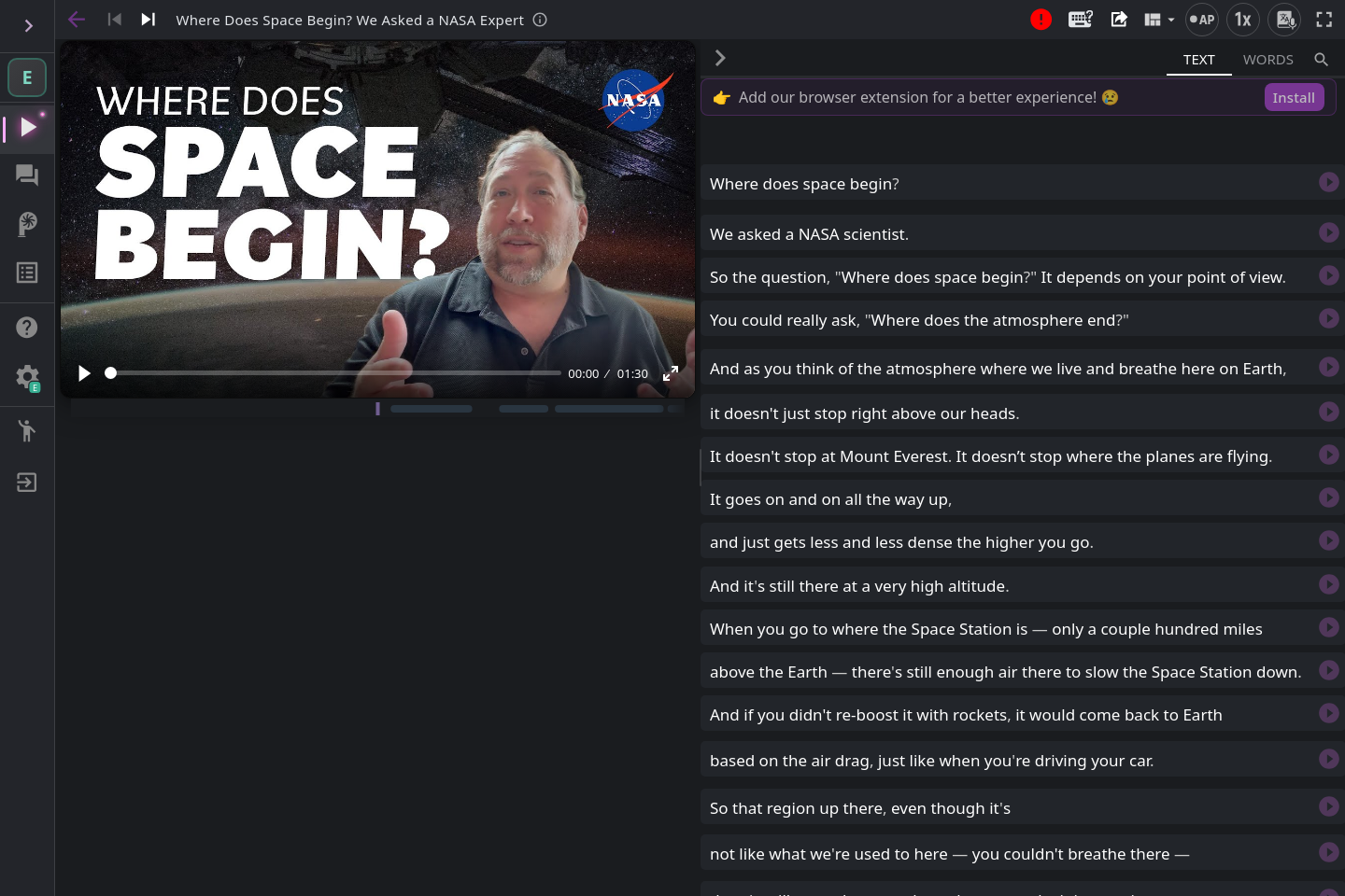 Language ReactorのWebプレイヤーでNASAの英語動画と一文ごとの字幕一覧を並べて表示した実画面